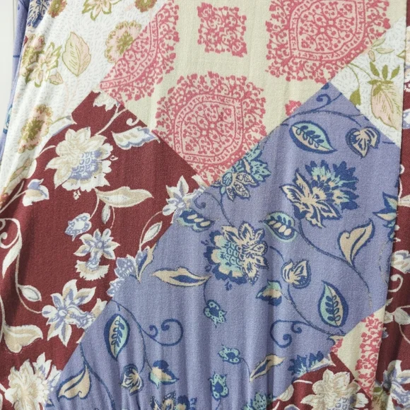 MAURICES Patchwork Floral Print Long Sleeve Peplum Top, V Neck, Smocked Chest - Picture 9 of 15